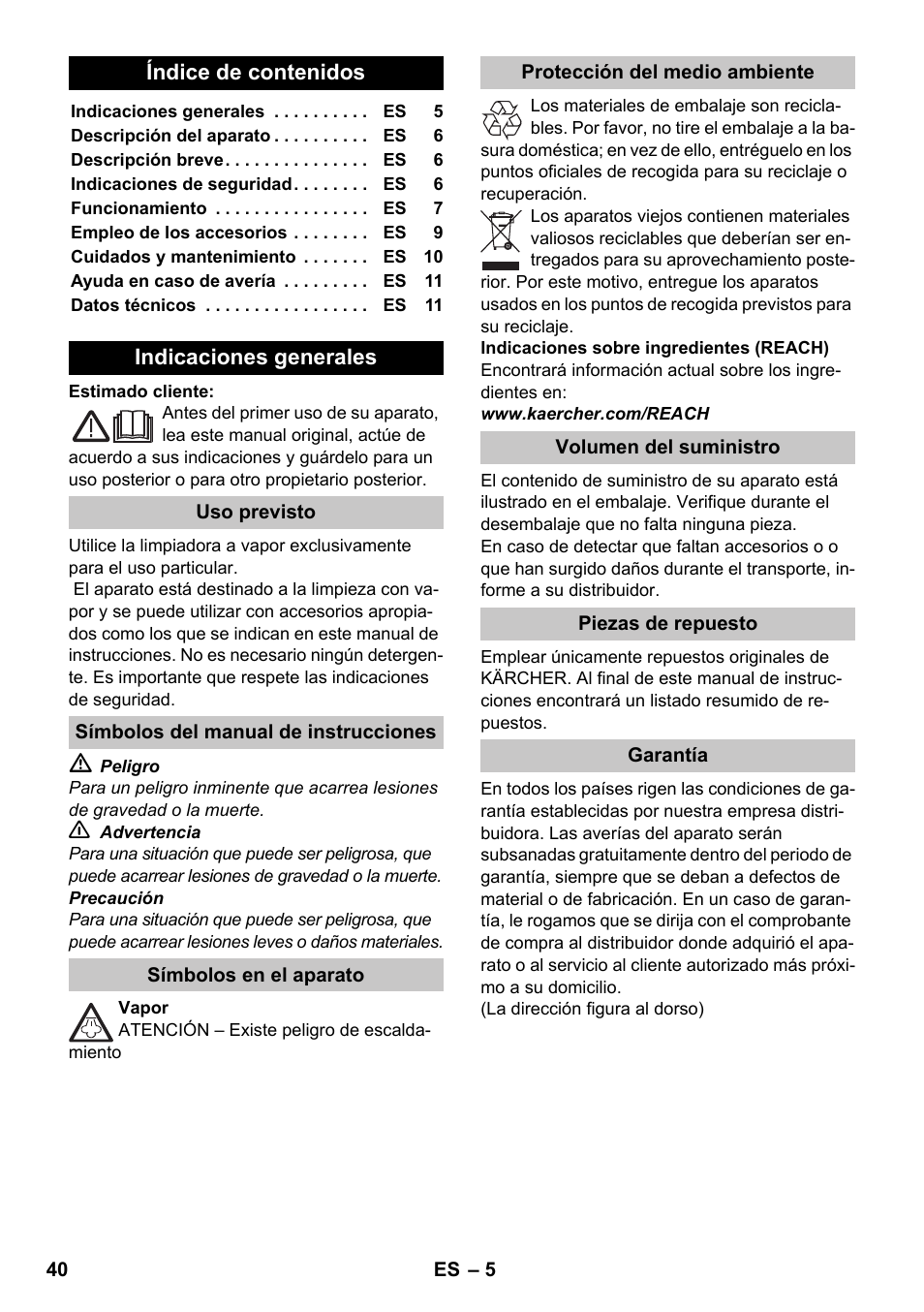 Español | Karcher SC 1-020 User Manual | Page 40 / 210