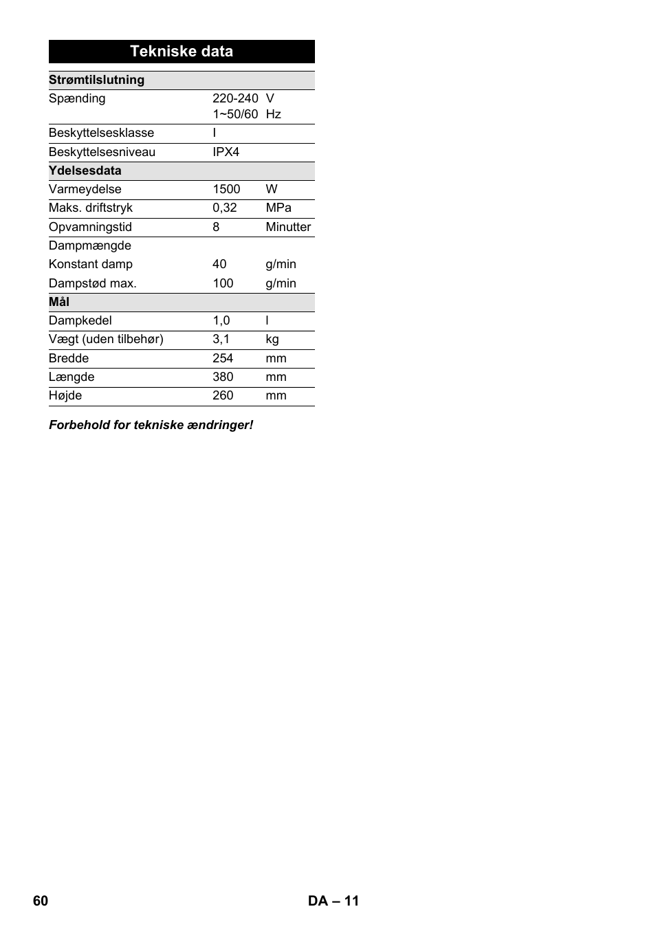 Tekniske data | Karcher SC 1-020 User Manual | Page 60 / 210