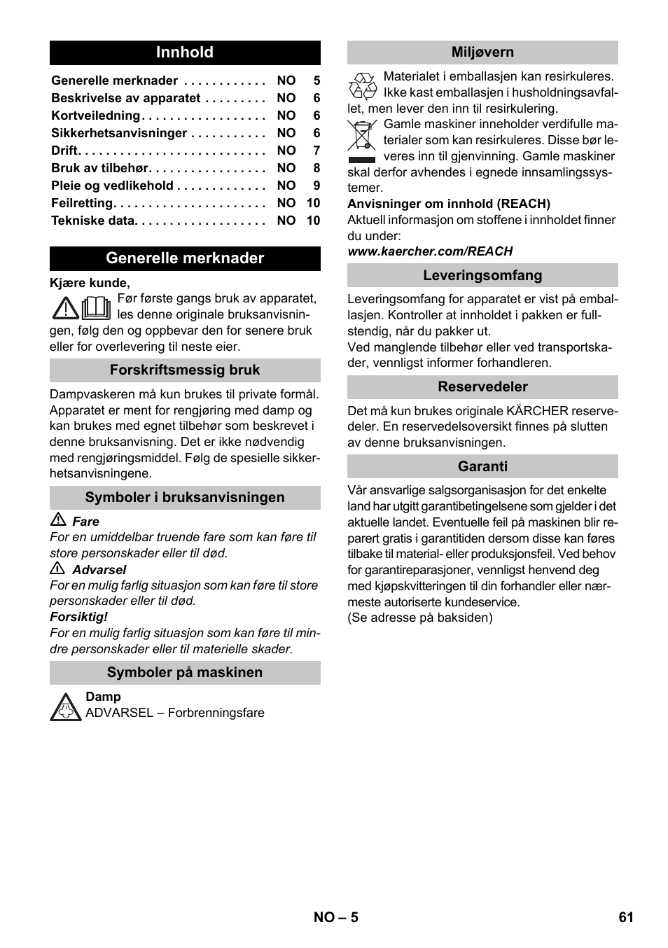 Norsk | Karcher SC 1-020 User Manual | Page 61 / 210