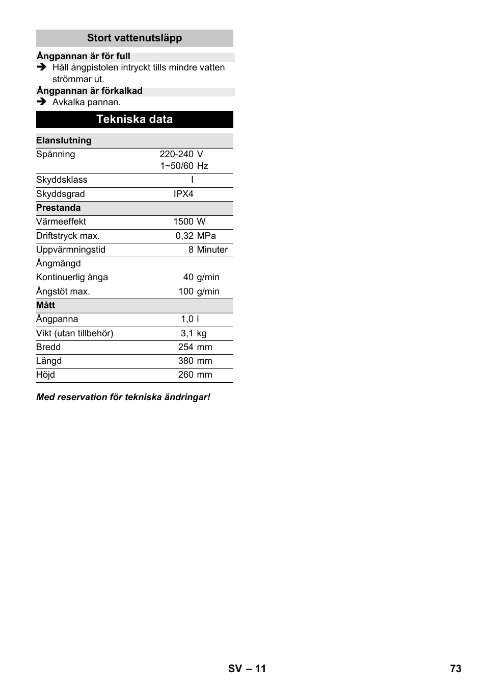 Tekniska data | Karcher SC 1-020 User Manual | Page 73 / 210