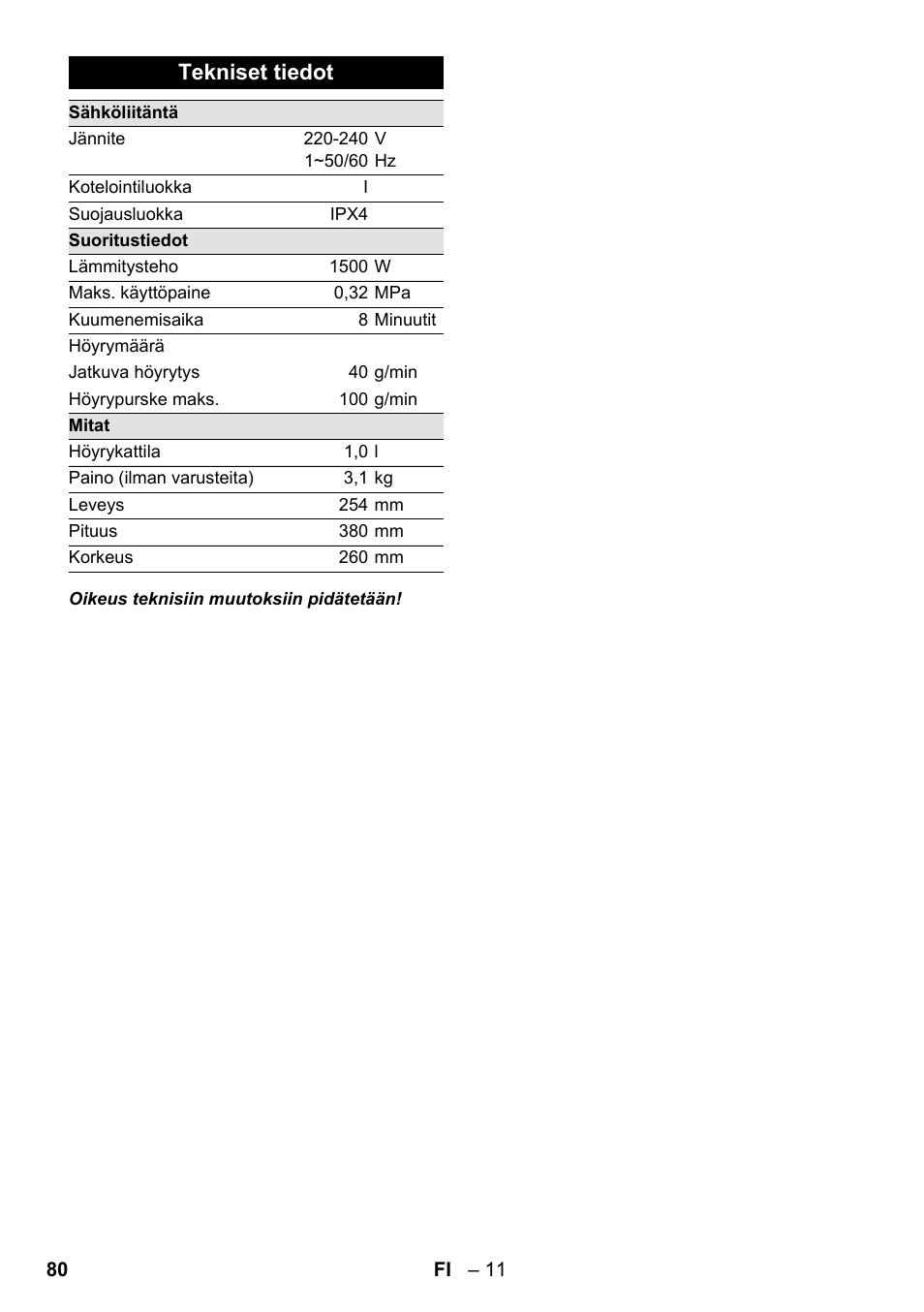 Tekniset tiedot | Karcher SC 1-020 User Manual | Page 80 / 210