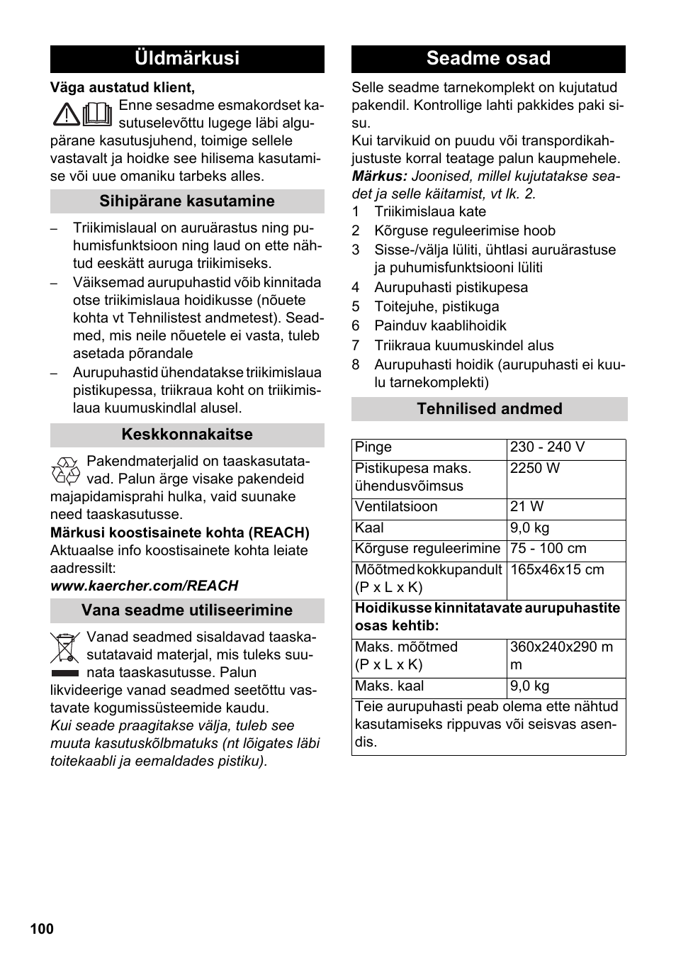 Eesti, Üldmärkusi, Seadme osad | Karcher Stirerie SI 2-600 CB User Manual | Page 100 / 120
