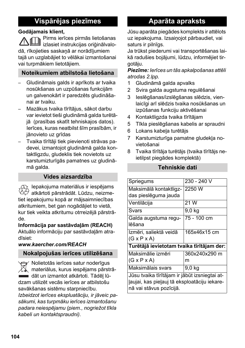 Latviešu, Vispārējas piezīmes, Aparāta apraksts | Karcher Stirerie SI 2-600 CB User Manual | Page 104 / 120