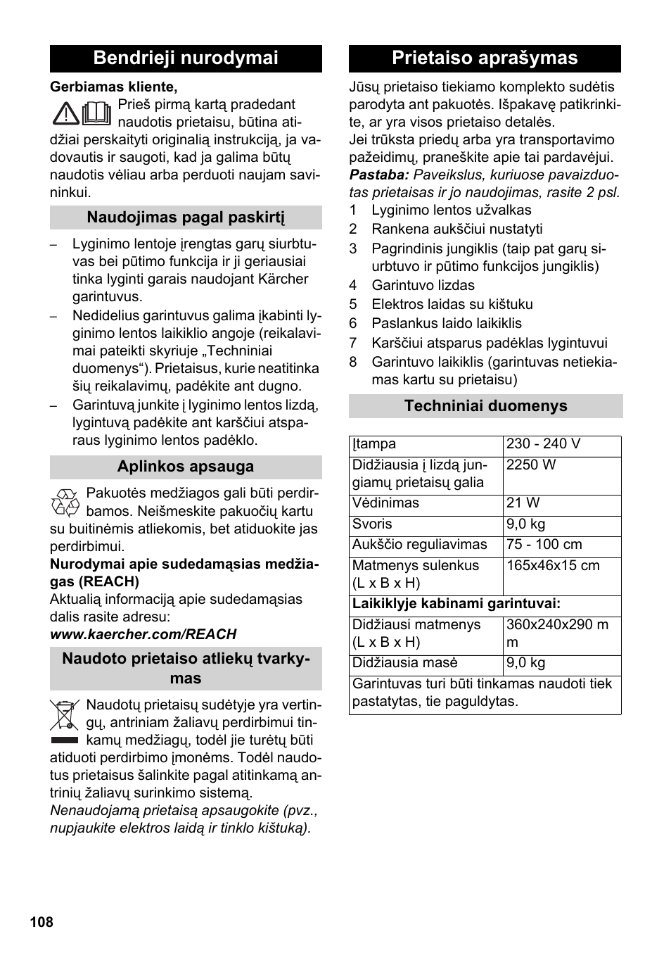 Lietuviškai, Bendrieji nurodymai, Prietaiso aprašymas | Karcher Stirerie SI 2-600 CB User Manual | Page 108 / 120
