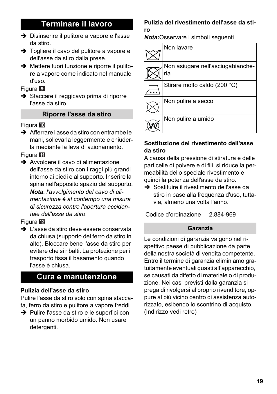 Terminare il lavoro, Cura e manutenzione | Karcher Stirerie SI 2-600 CB User Manual | Page 19 / 120