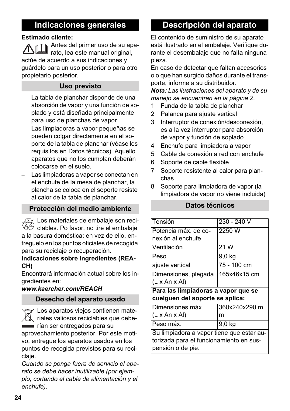 Español, Indicaciones generales, Descripción del aparato | Karcher Stirerie SI 2-600 CB User Manual | Page 24 / 120