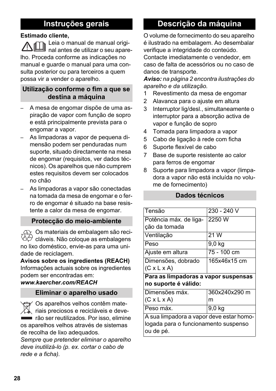 Português, Instruções gerais, Descrição da máquina | Karcher Stirerie SI 2-600 CB User Manual | Page 28 / 120