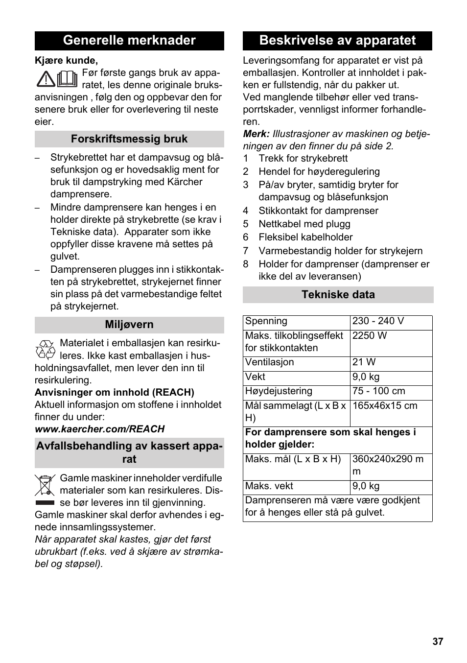 Norsk, Generelle merknader, Beskrivelse av apparatet | Karcher Stirerie SI 2-600 CB User Manual | Page 37 / 120