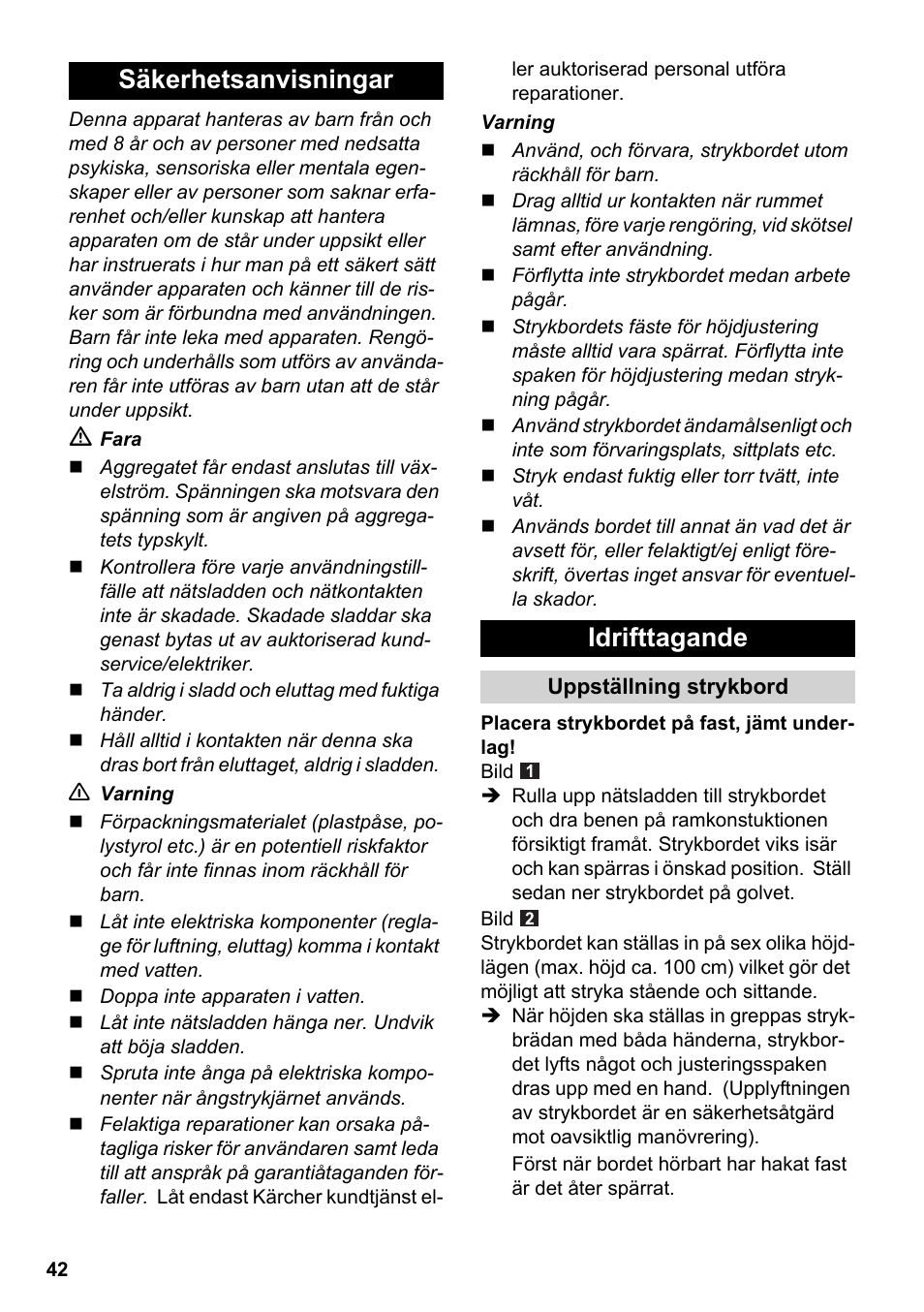 Säkerhetsanvisningar idrifttagande | Karcher Stirerie SI 2-600 CB User Manual | Page 42 / 120