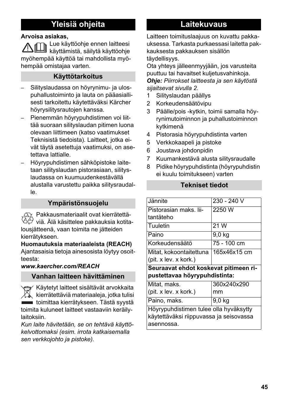 Suomi, Yleisiä ohjeita, Laitekuvaus | Karcher Stirerie SI 2-600 CB User Manual | Page 45 / 120