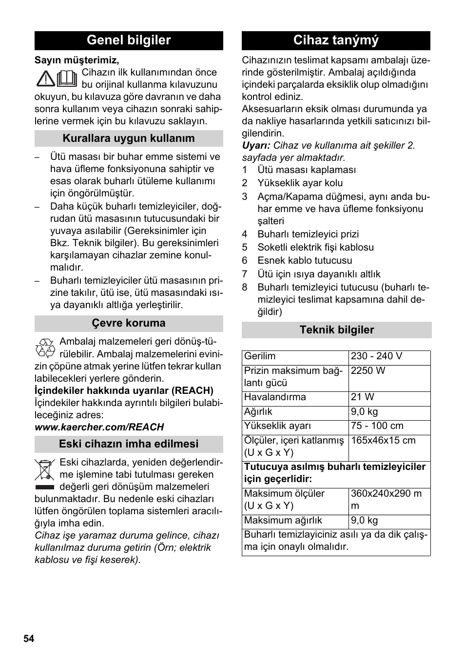 Türkçe, Genel bilgiler, Cihaz tanýmý | Karcher Stirerie SI 2-600 CB User Manual | Page 54 / 120