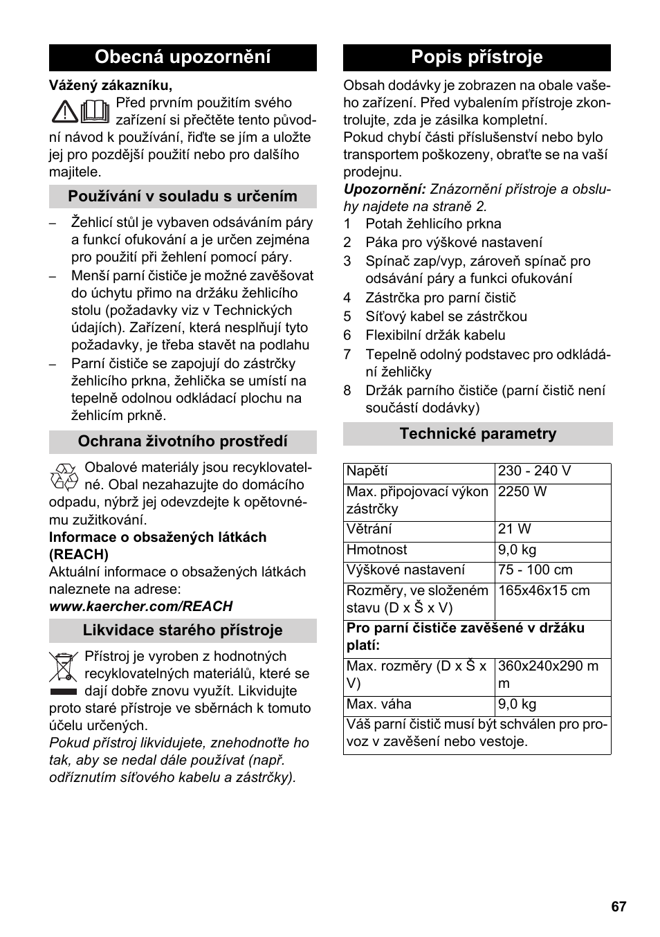 Čeština, Eština, Obecná upozornění | Popis přístroje | Karcher Stirerie SI 2-600 CB User Manual | Page 67 / 120