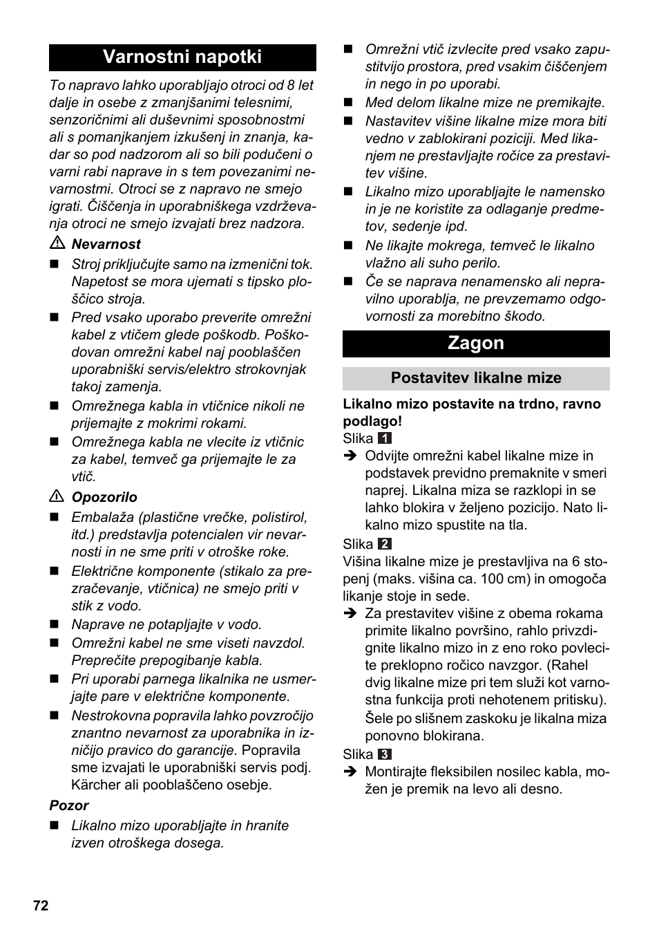 Varnostni napotki zagon | Karcher Stirerie SI 2-600 CB User Manual | Page 72 / 120