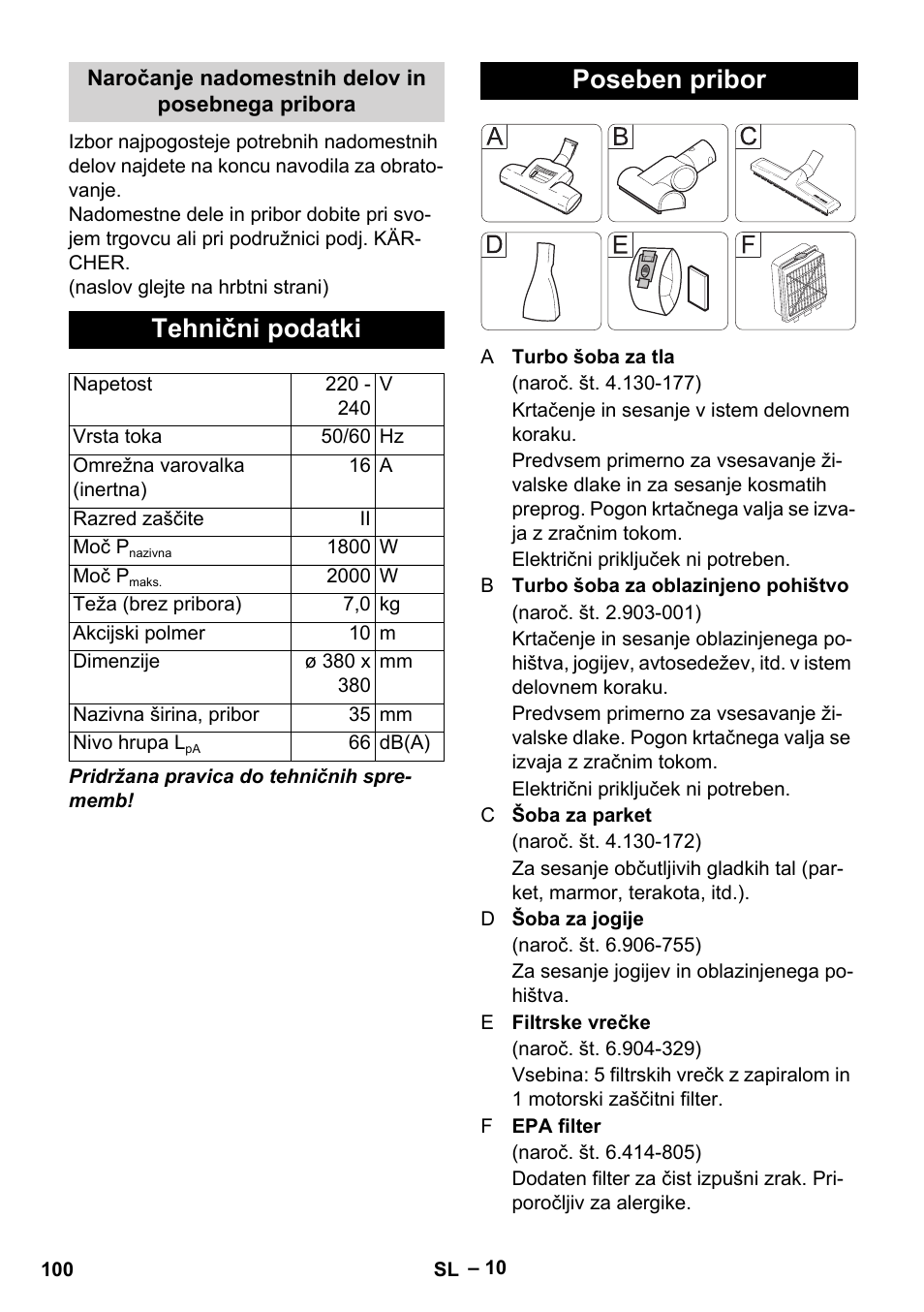 Tehnični podatki, Poseben pribor | Karcher VC 6300 User Manual | Page 100 / 188