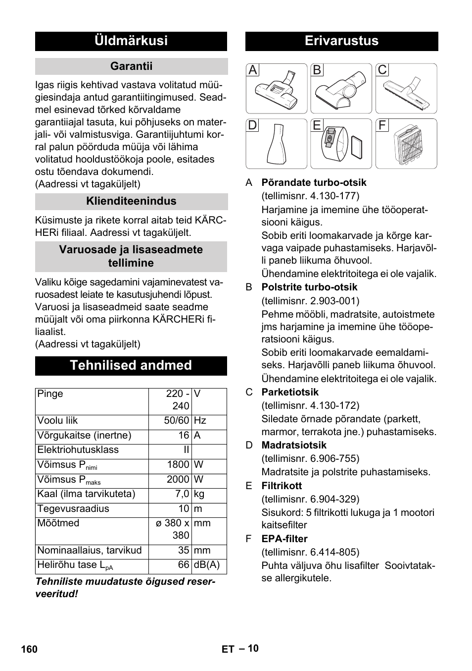 Üldmärkusi, Tehnilised andmed, Erivarustus | Karcher VC 6300 User Manual | Page 160 / 188