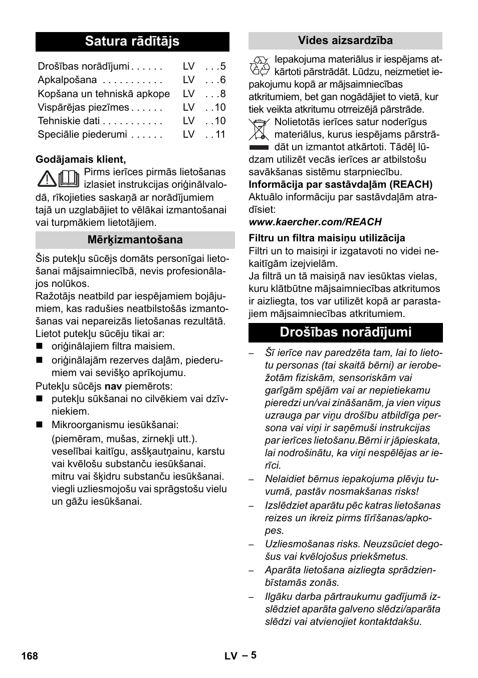 Latviešu, Satura rādītājs, Drošības norādījumi | Karcher VC 6300 User Manual | Page 168 / 188