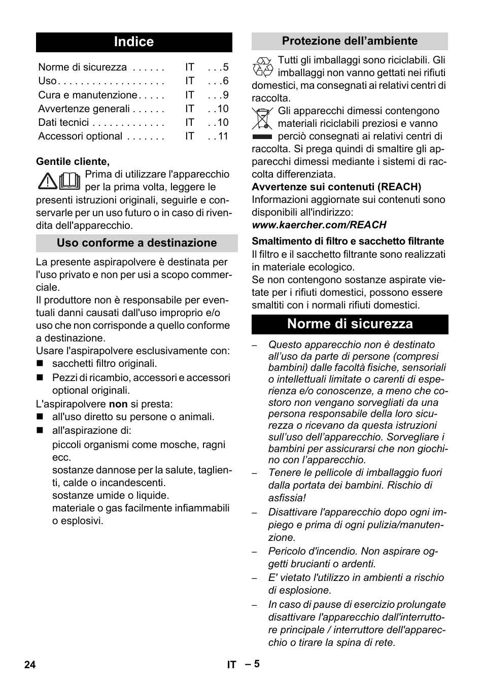 Italiano, Indice, Norme di sicurezza | Karcher VC 6300 User Manual | Page 24 / 188