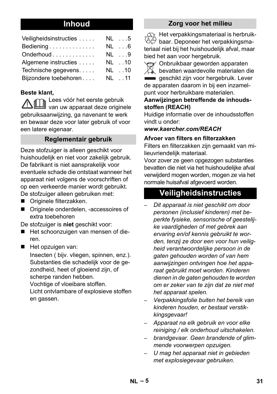 Nederlands, Inhoud, Veiligheidsinstructies | Karcher VC 6300 User Manual | Page 31 / 188