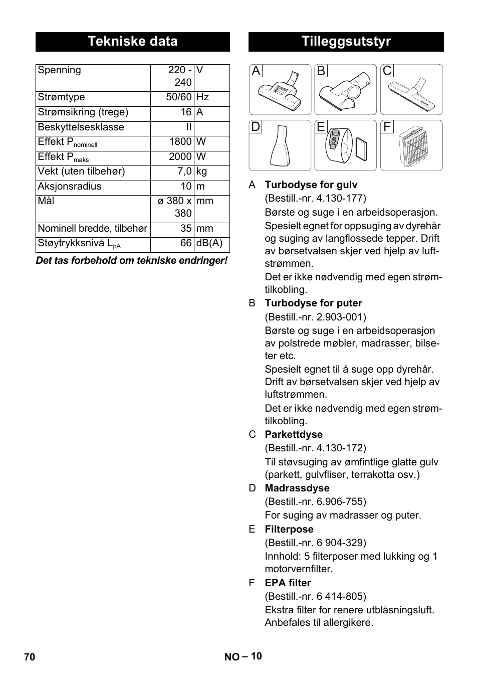 Tekniske data, Tilleggsutstyr | Karcher VC 6300 User Manual | Page 70 / 188