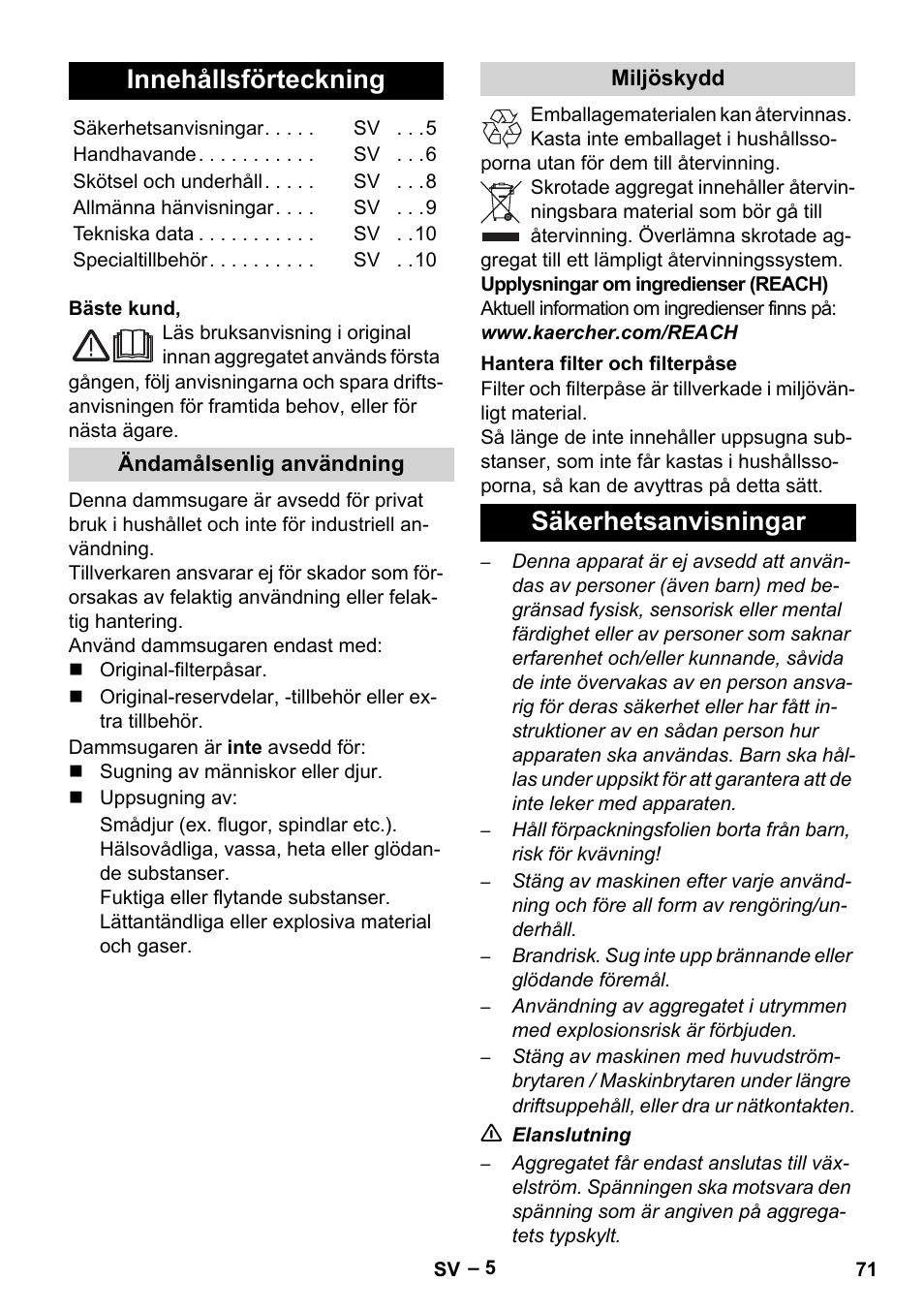 Svenska, Innehållsförteckning, Säkerhetsanvisningar | Karcher VC 6300 User Manual | Page 71 / 188