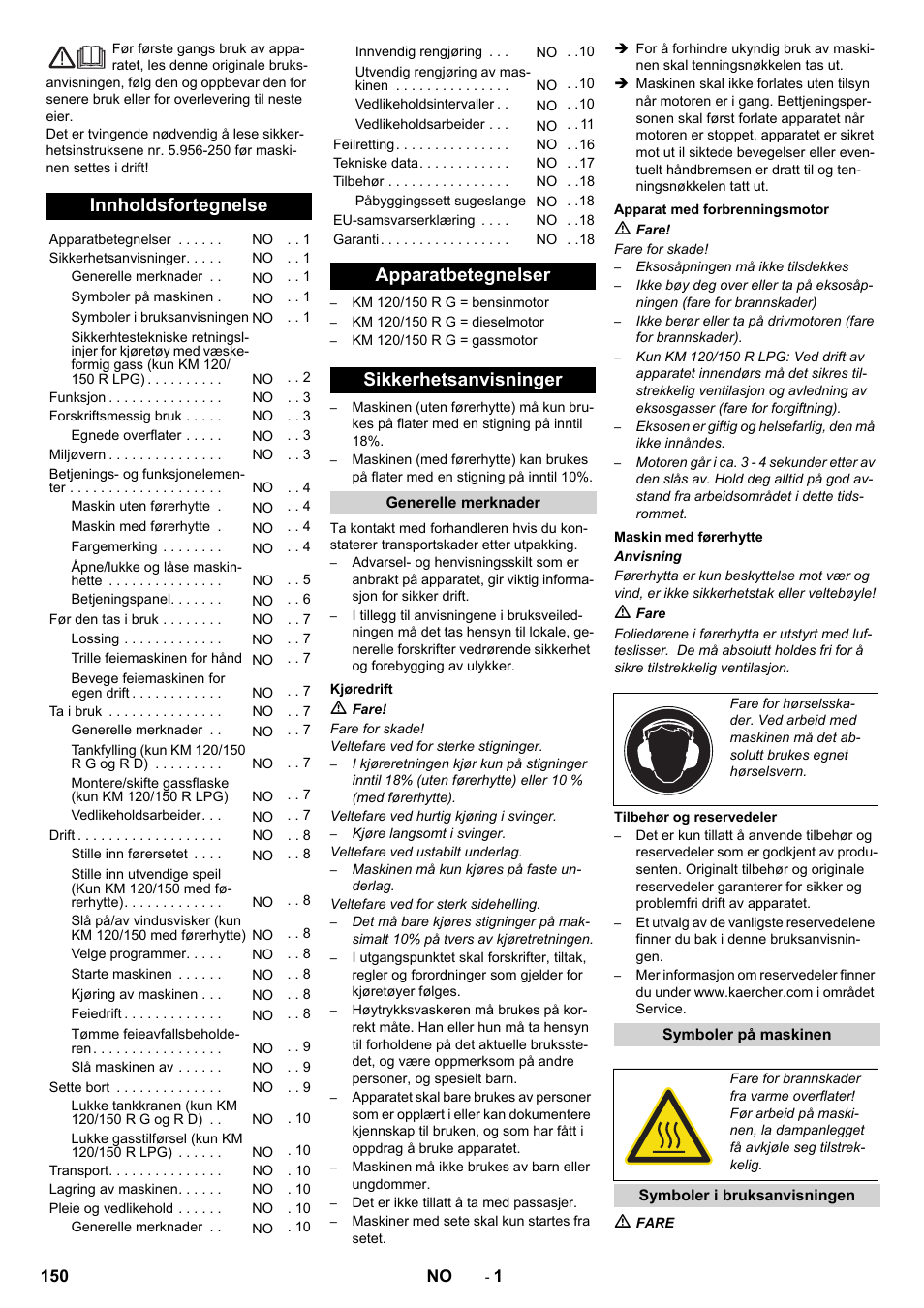 Norsk, Innholdsfortegnelse, Apparatbetegnelser sikkerhetsanvisninger | Karcher KM 120-150 R D User Manual | Page 150 / 300