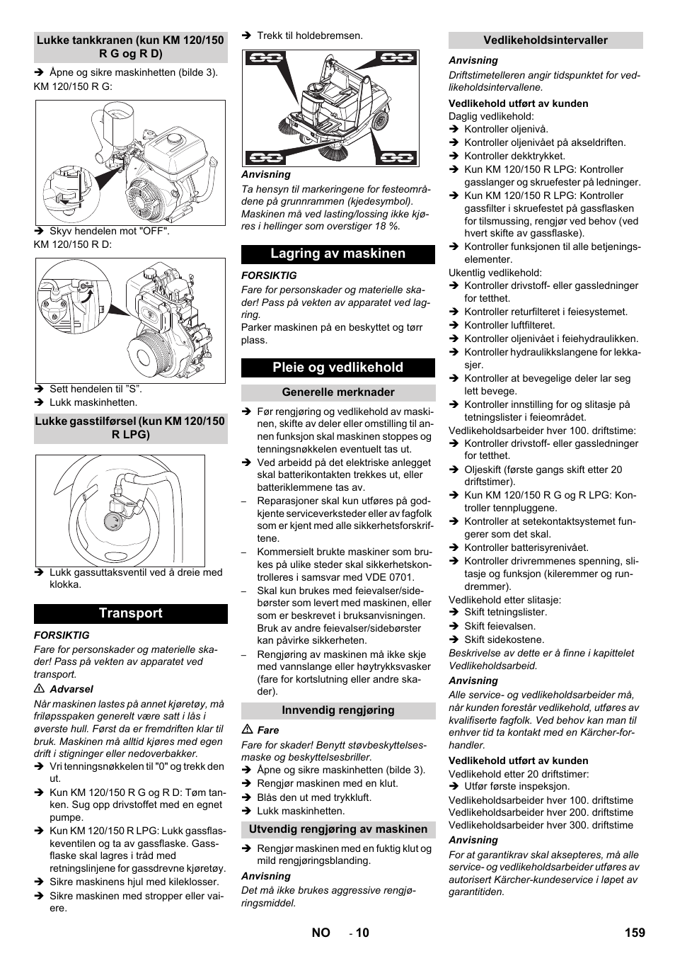 Transport lagring av maskinen pleie og vedlikehold | Karcher KM 120-150 R D User Manual | Page 159 / 300