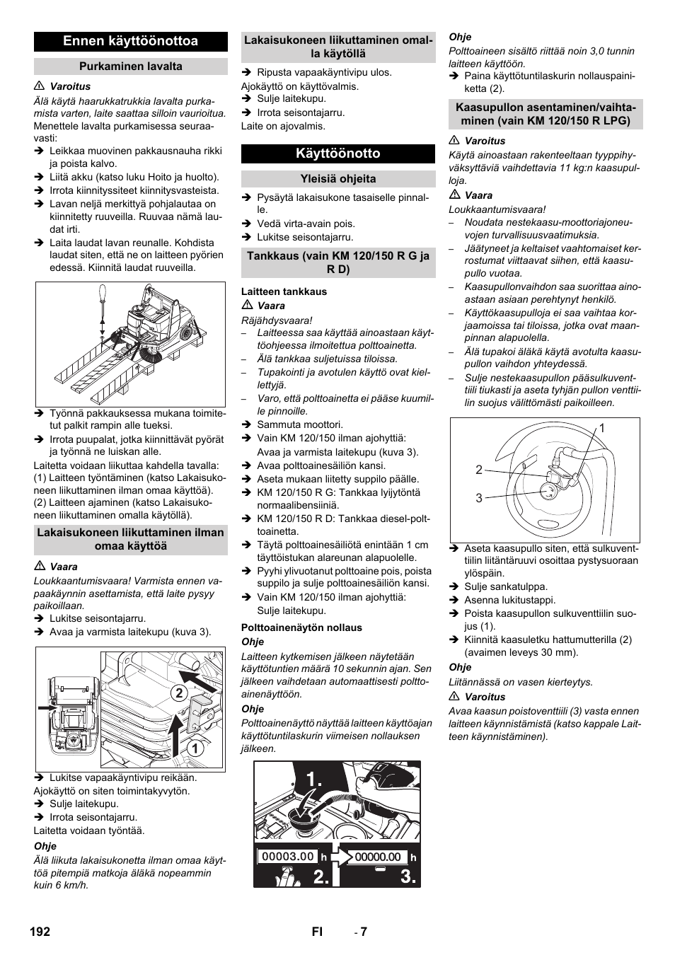 Ennen käyttöönottoa, Käyttöönotto | Karcher KM 120-150 R D User Manual | Page 192 / 300