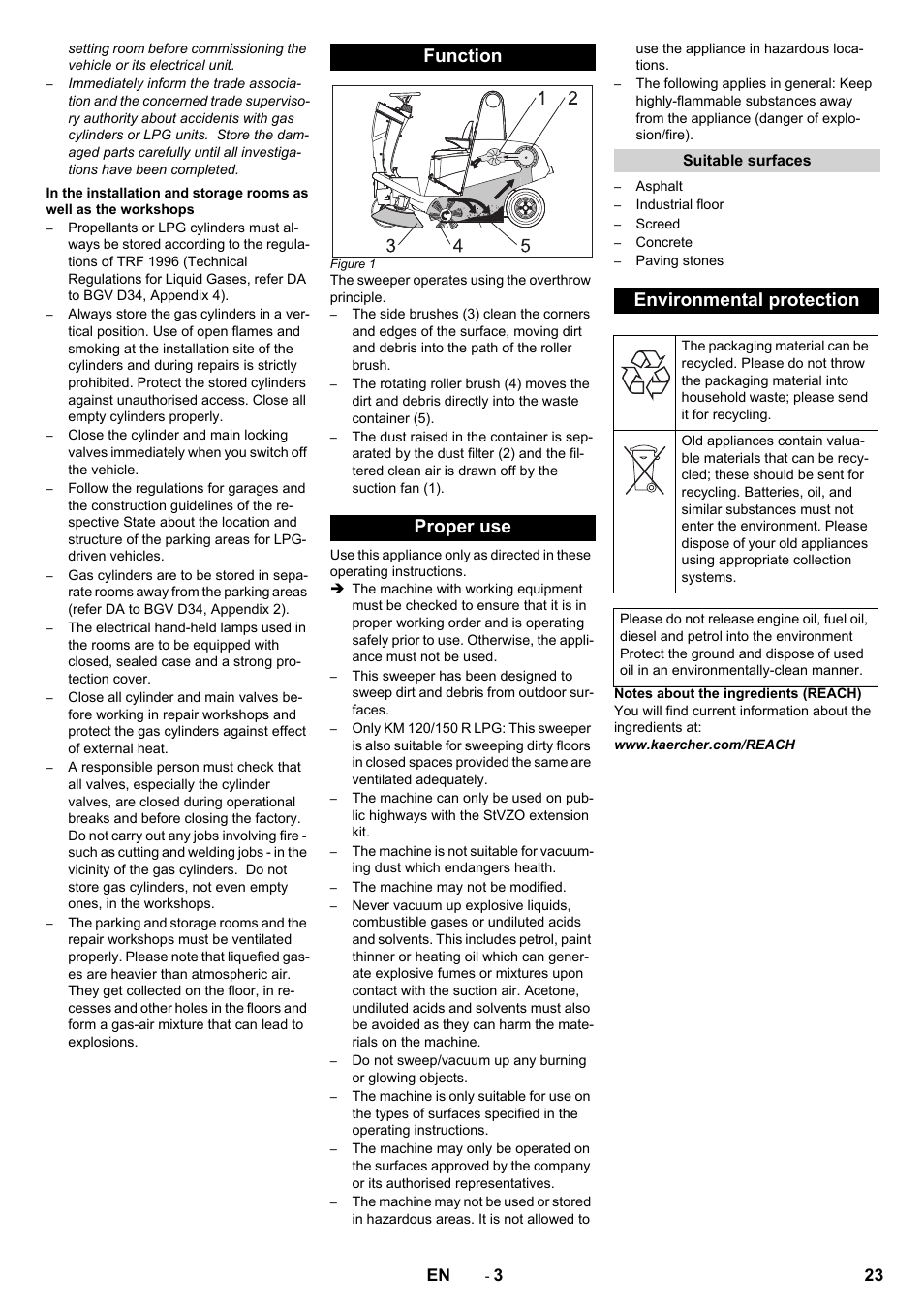 Function proper use, Environmental protection | Karcher KM 120-150 R D User Manual | Page 23 / 300