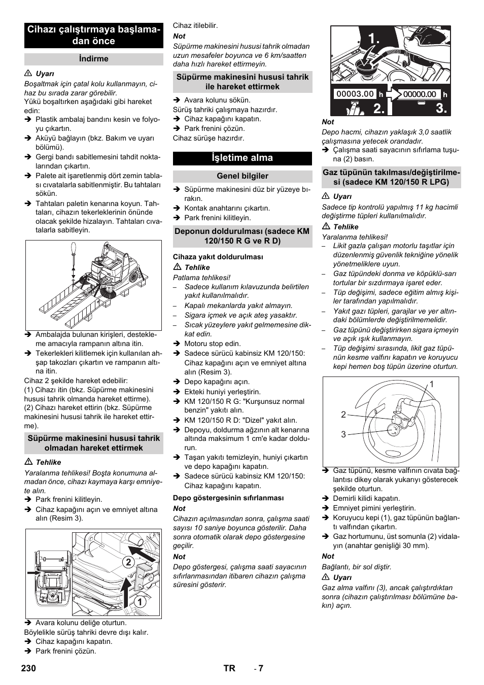 Cihazı çalıştırmaya başlama- dan önce, Işletime alma | Karcher KM 120-150 R D User Manual | Page 230 / 300