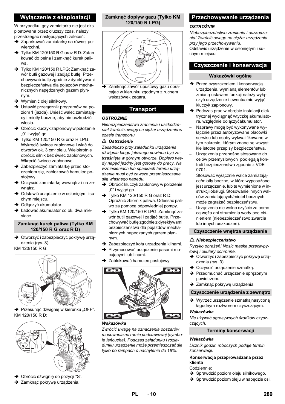 Wyłączenie z eksploatacji | Karcher KM 120-150 R D User Manual | Page 289 / 300