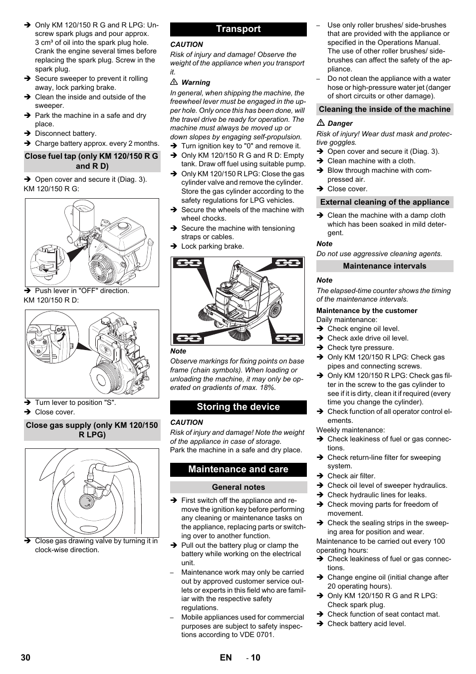 Transport storing the device maintenance and care | Karcher KM 120-150 R D User Manual | Page 30 / 300