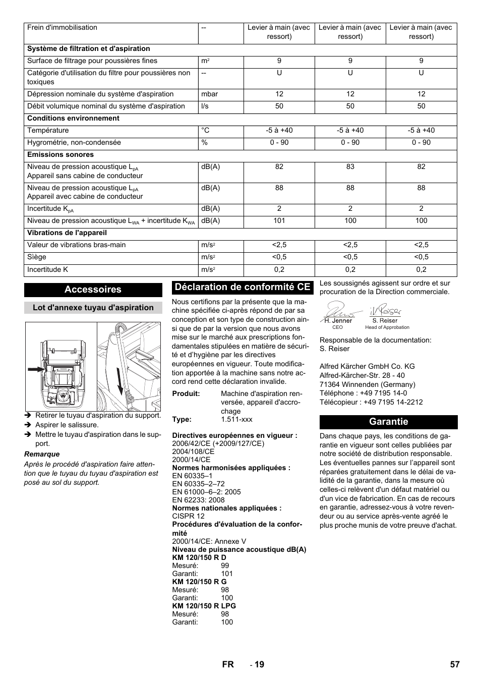 Accessoires, Déclaration de conformité ce, Garantie | Karcher KM 120-150 R D User Manual | Page 57 / 300