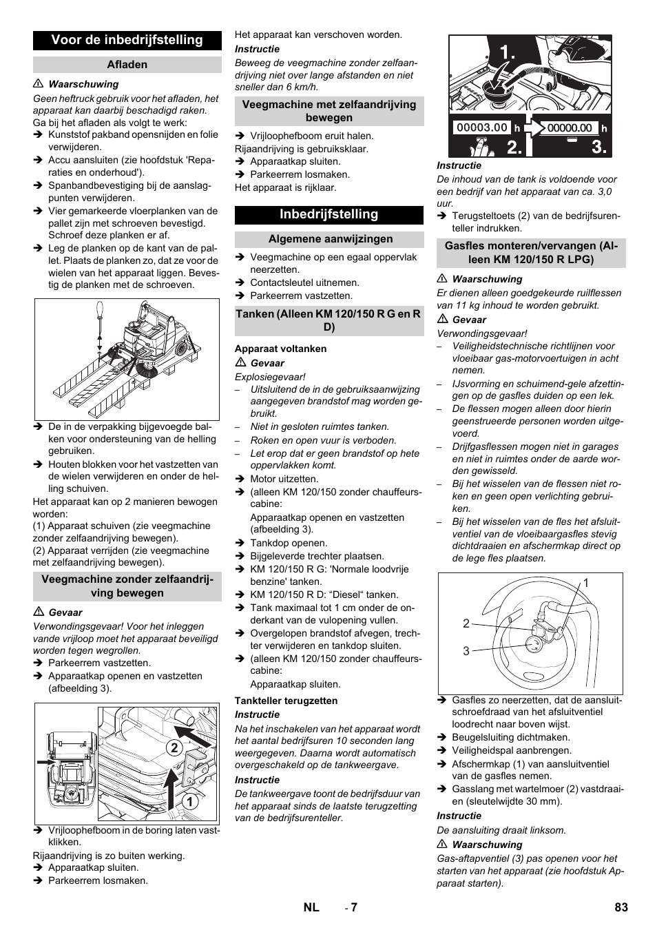 Voor de inbedrijfstelling, Inbedrijfstelling | Karcher KM 120-150 R D User Manual | Page 83 / 300