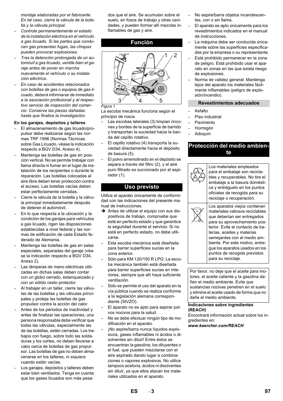 Función uso previsto, Protección del medio ambien- te | Karcher KM 120-150 R D User Manual | Page 97 / 300