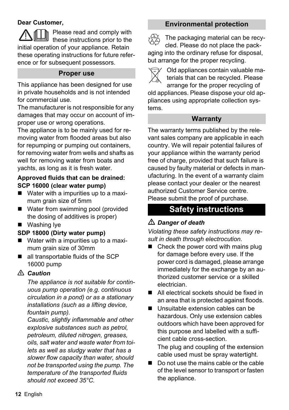 Safety instructions | Karcher SCP 16000 IQ Level Sensor User Manual | Page 12 / 62