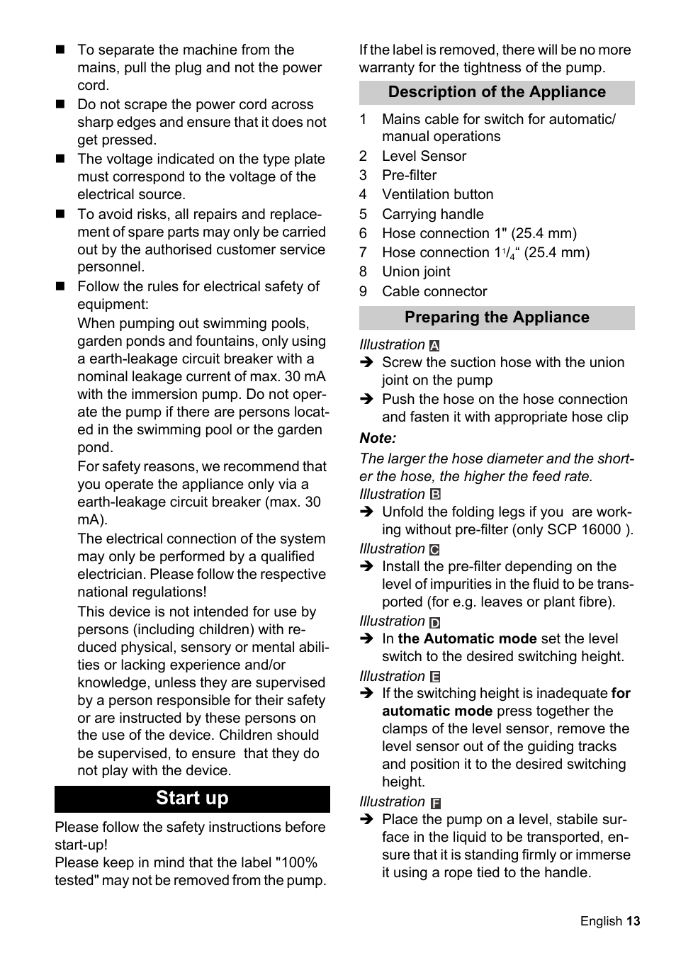 Start up | Karcher SCP 16000 IQ Level Sensor User Manual | Page 13 / 62