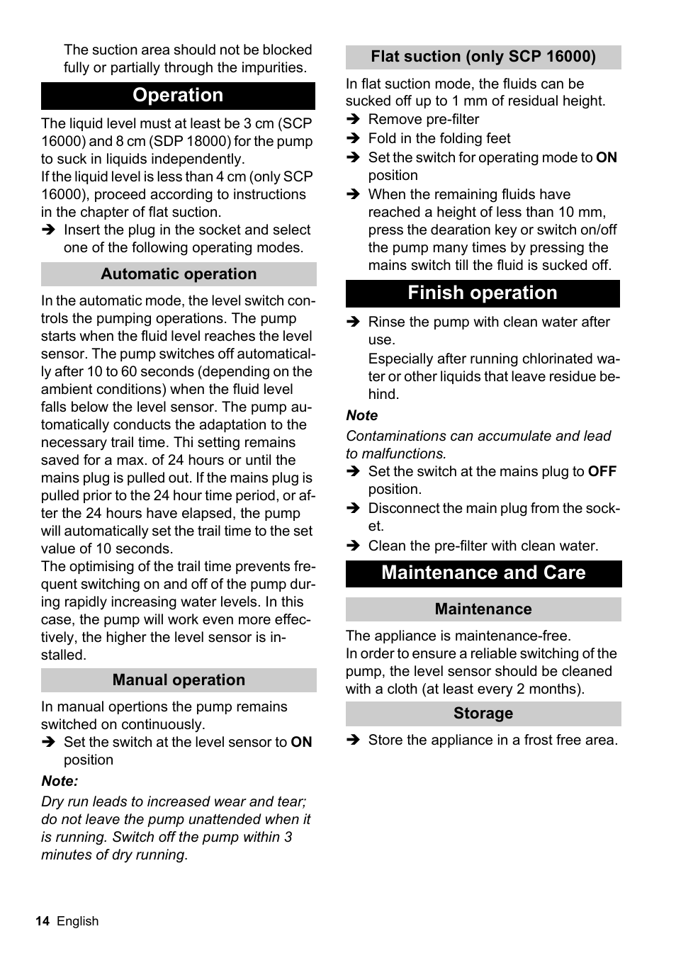 Operation, Finish operation maintenance and care | Karcher SCP 16000 IQ Level Sensor User Manual | Page 14 / 62