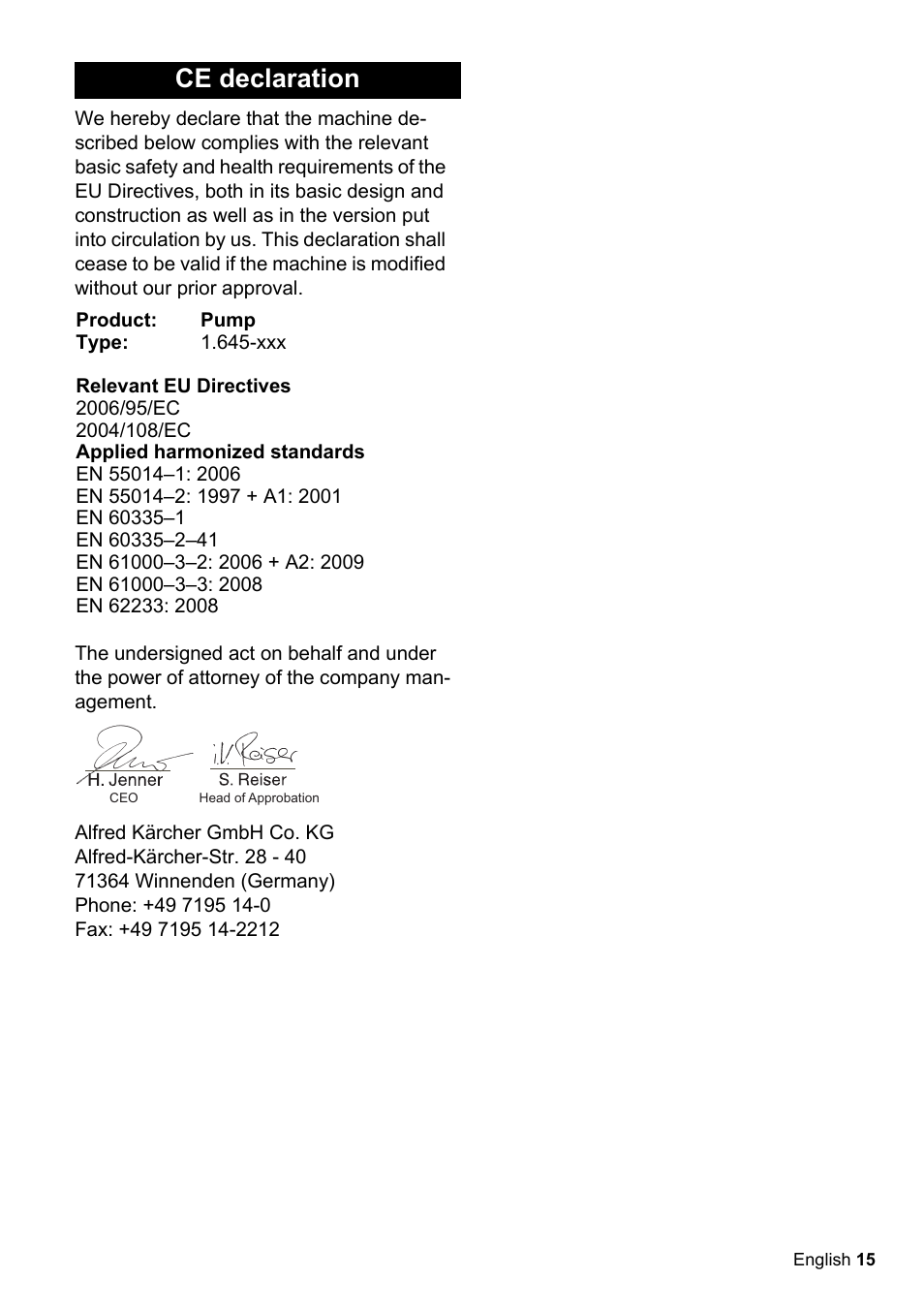 Ce declaration | Karcher SCP 16000 IQ Level Sensor User Manual | Page 15 / 62