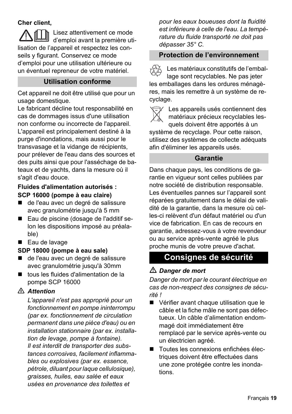 Consignes de sécurité | Karcher SCP 16000 IQ Level Sensor User Manual | Page 19 / 62