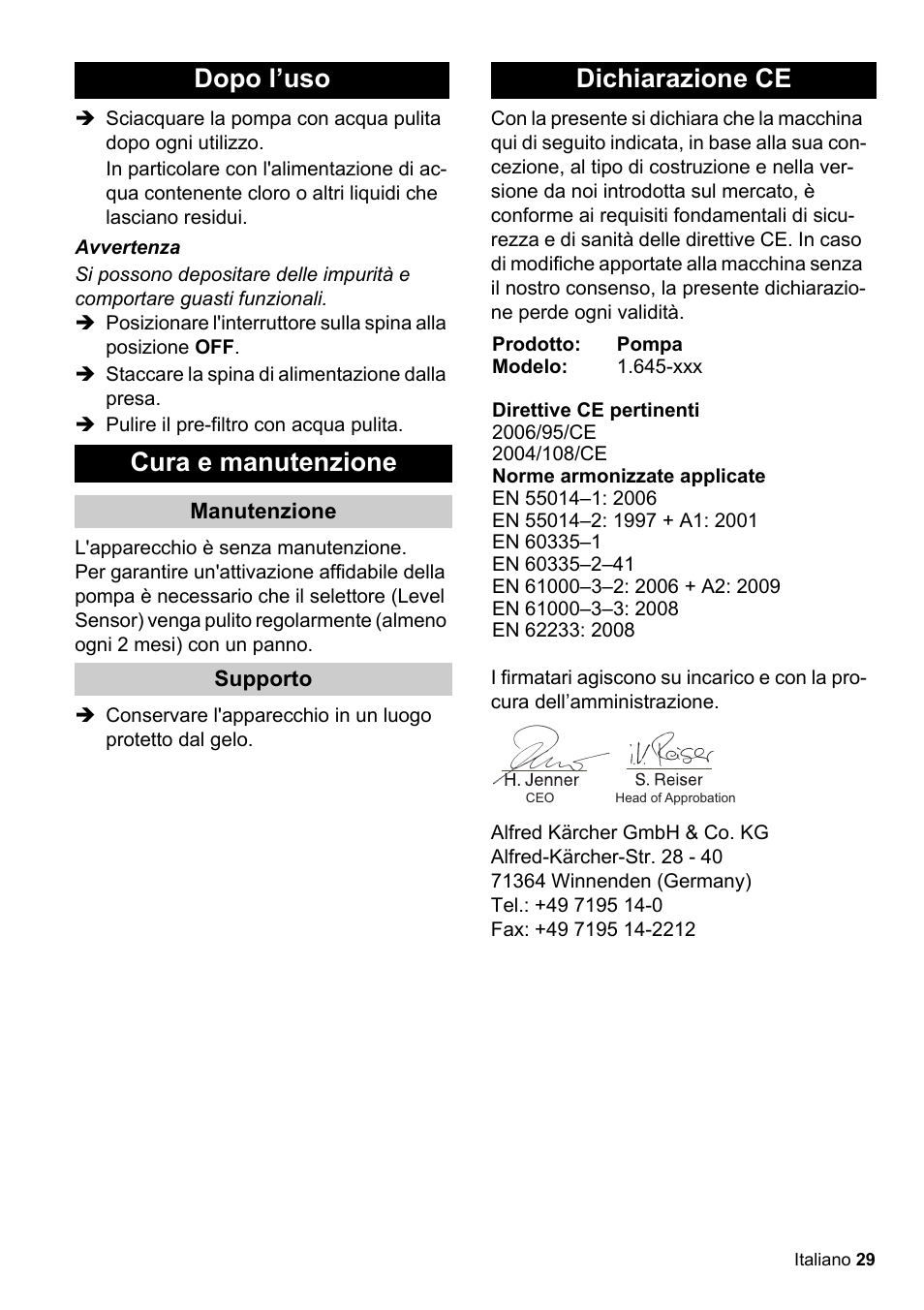 Dopo l’uso cura e manutenzione, Dichiarazione ce | Karcher SCP 16000 IQ Level Sensor User Manual | Page 29 / 62