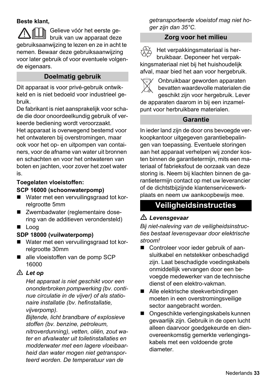 Veiligheidsinstructies | Karcher SCP 16000 IQ Level Sensor User Manual | Page 33 / 62