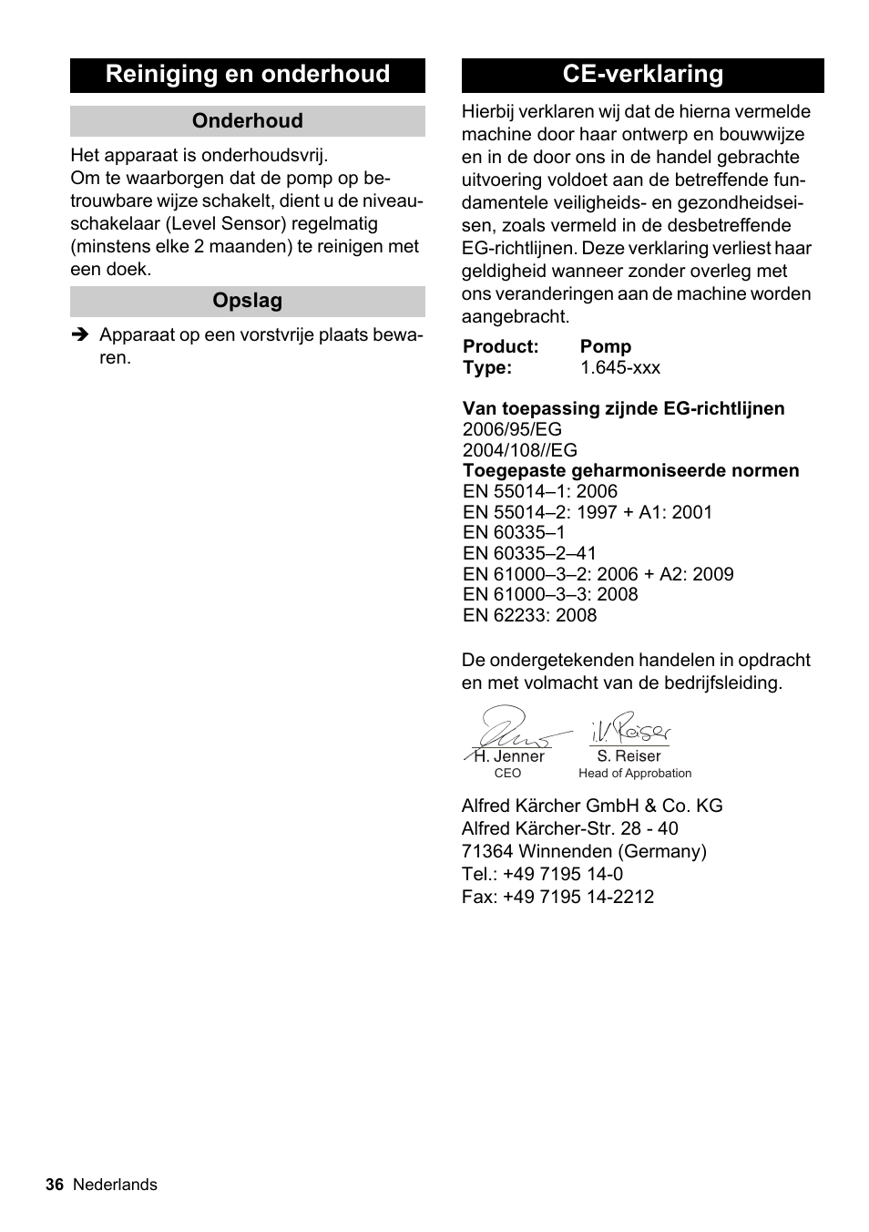 Reiniging en onderhoud, Ce-verklaring | Karcher SCP 16000 IQ Level Sensor User Manual | Page 36 / 62