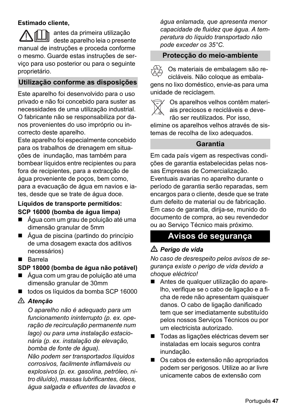 Avisos de segurança | Karcher SCP 16000 IQ Level Sensor User Manual | Page 47 / 62