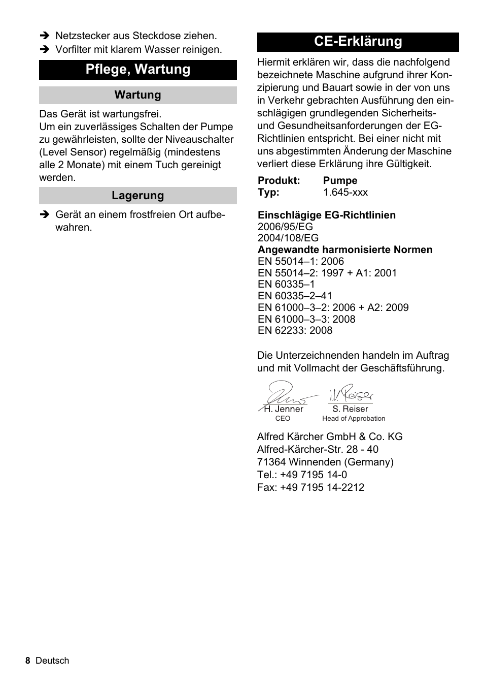 Pflege, wartung, Ce-erklärung | Karcher SCP 16000 IQ Level Sensor User Manual | Page 8 / 62