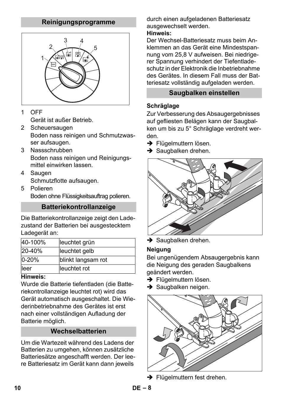 Reinigungsprogramme, Batteriekontrollanzeige, Wechselbatterien | Saugbalken einstellen, Schräglage, Neigung | Karcher BD 40-25 C Bp Pack User Manual | Page 10 / 380