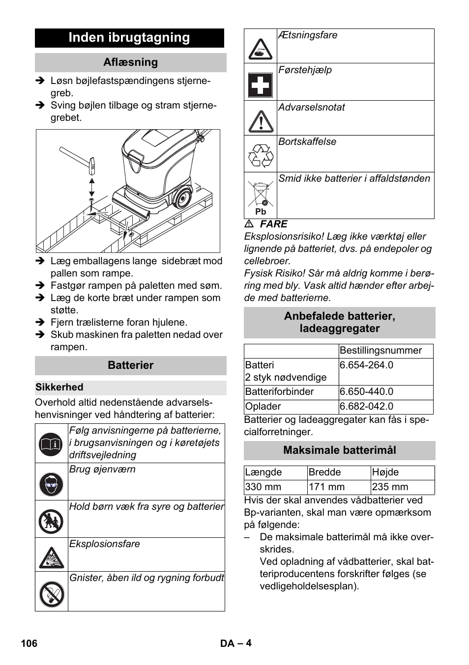 Inden ibrugtagning, Aflæsning, Batterier | Sikkerhed, Anbefalede batterier, ladeaggregater, Maksimale batterimål | Karcher BD 40-25 C Bp Pack User Manual | Page 106 / 380