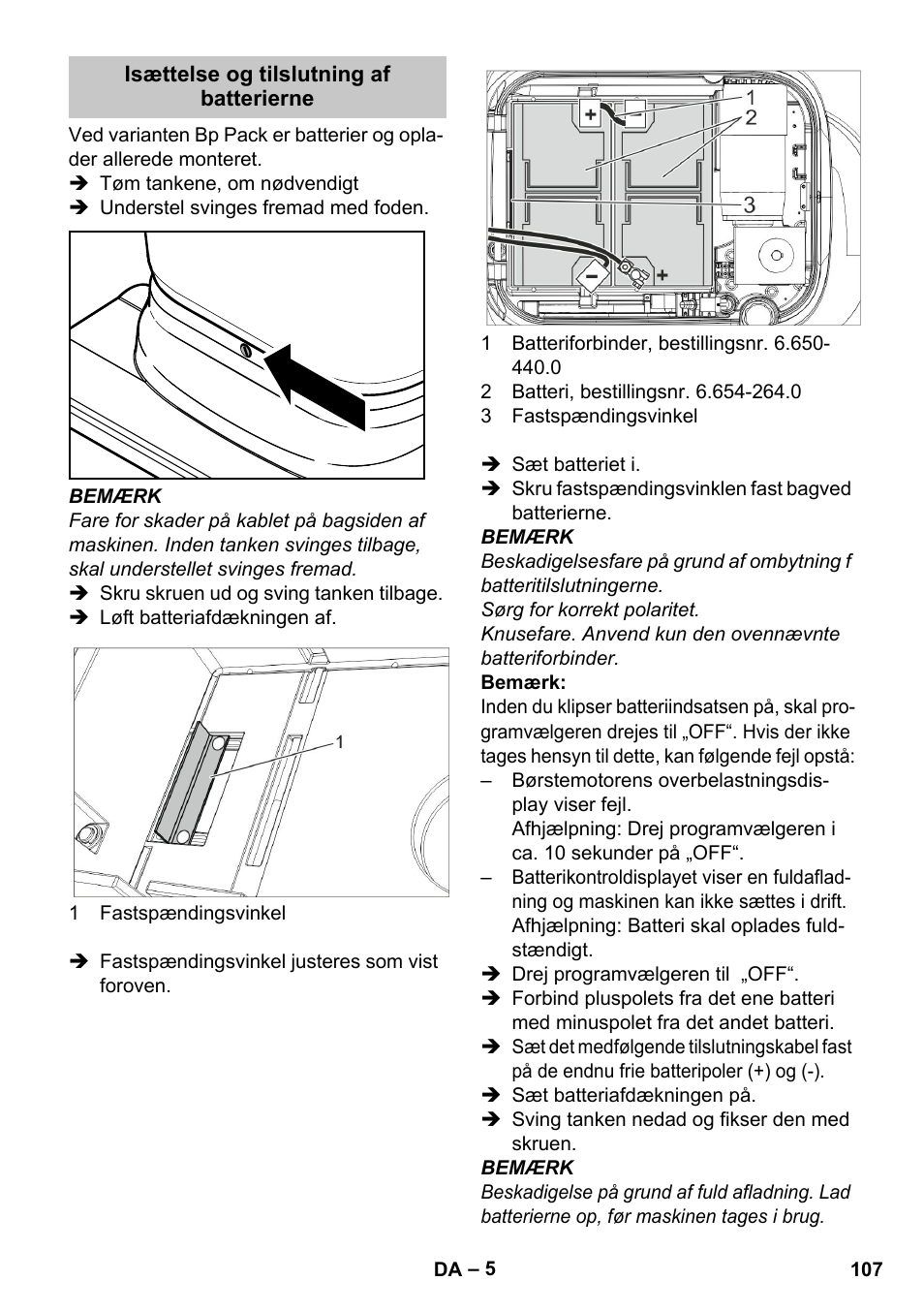 Isættelse og tilslutning af batterierne | Karcher BD 40-25 C Bp Pack User Manual | Page 107 / 380