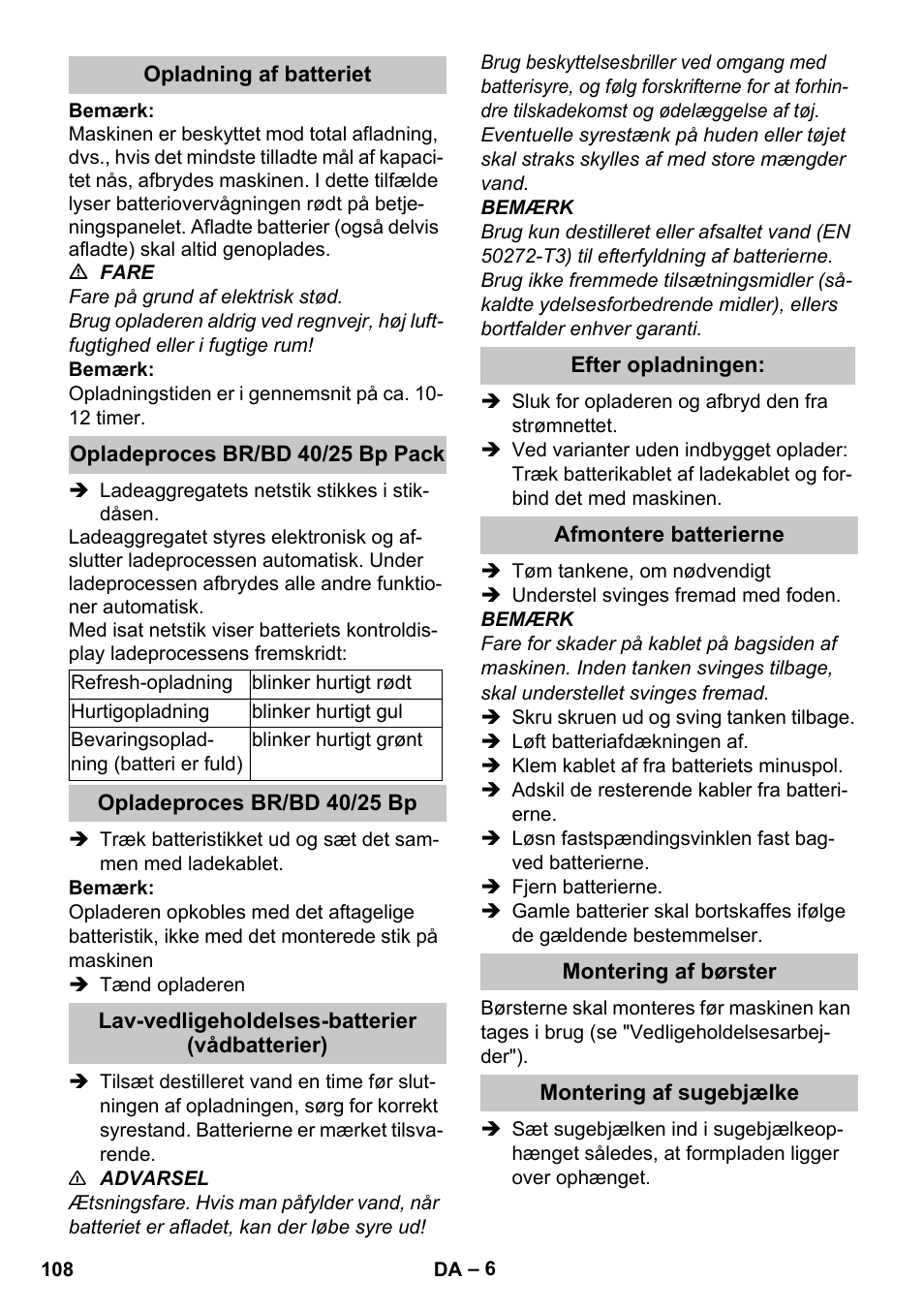 Opladning af batteriet, Opladeproces br/bd 40/25 bp pack, Opladeproces br/bd 40/25 bp | Lav-vedligeholdelses-batterier (vådbatterier), Efter opladningen, Afmontere batterierne, Montering af børster, Montering af sugebjælke | Karcher BD 40-25 C Bp Pack User Manual | Page 108 / 380