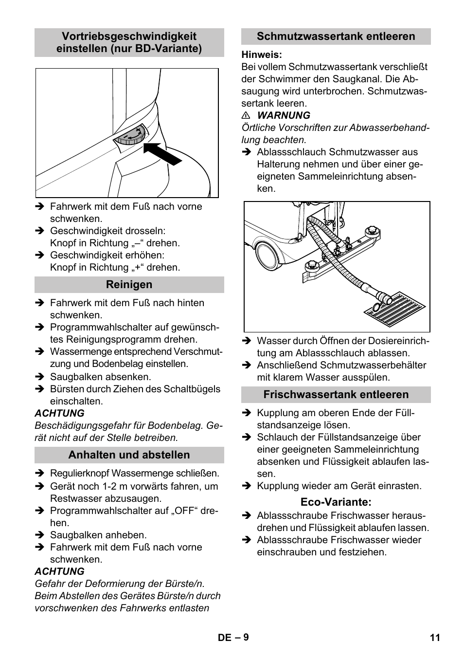 Reinigen, Anhalten und abstellen, Schmutzwassertank entleeren | Frischwassertank entleeren, Eco-variante | Karcher BD 40-25 C Bp Pack User Manual | Page 11 / 380
