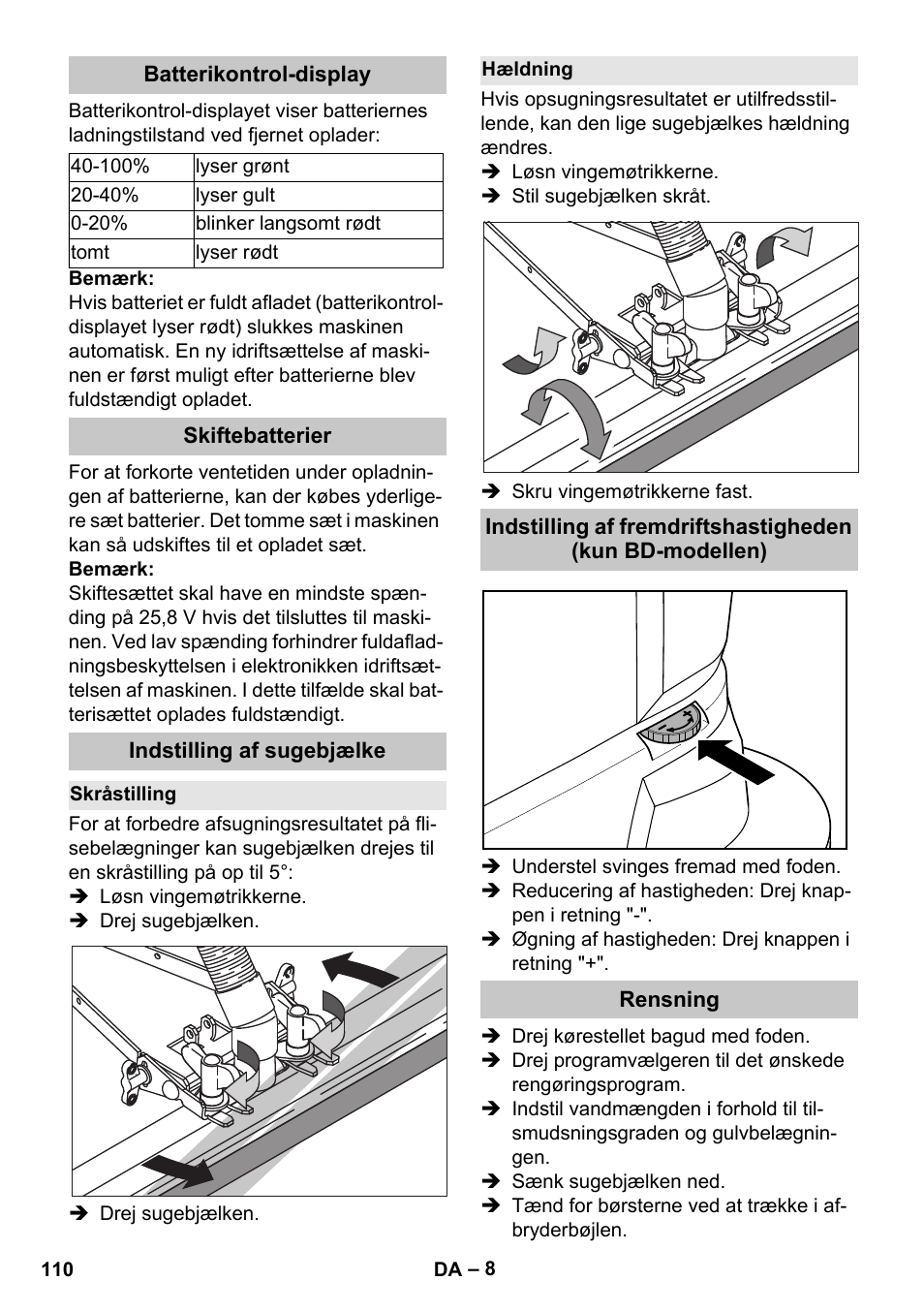 Batterikontrol-display, Skiftebatterier, Indstilling af sugebjælke | Skråstilling, Hældning, Rensning | Karcher BD 40-25 C Bp Pack User Manual | Page 110 / 380